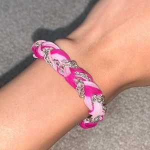 Pink woven cloth and chain bracelet